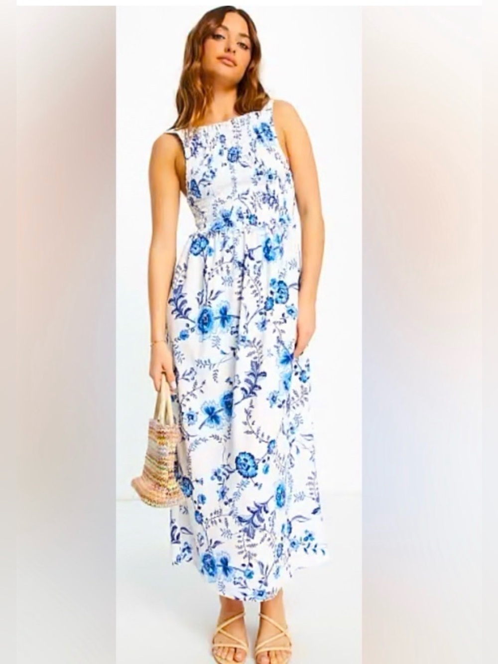 River Island Shirred Neck Floral Midi Dress